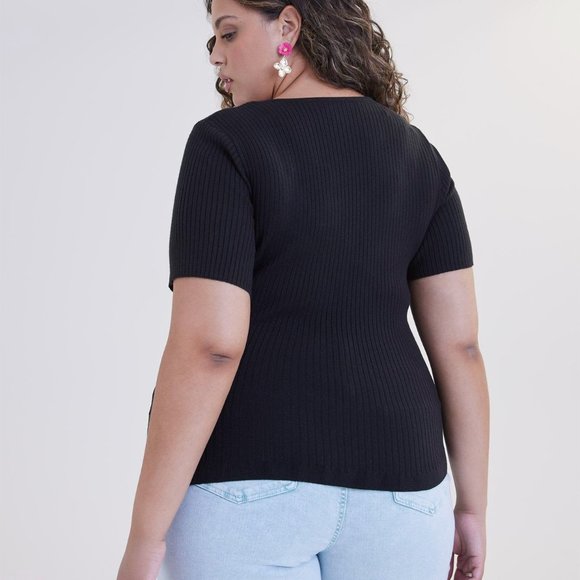 NWT Addition Elle Black Rib Short-Sleeve Sweater With Square Neckline - Picture 2 of 10